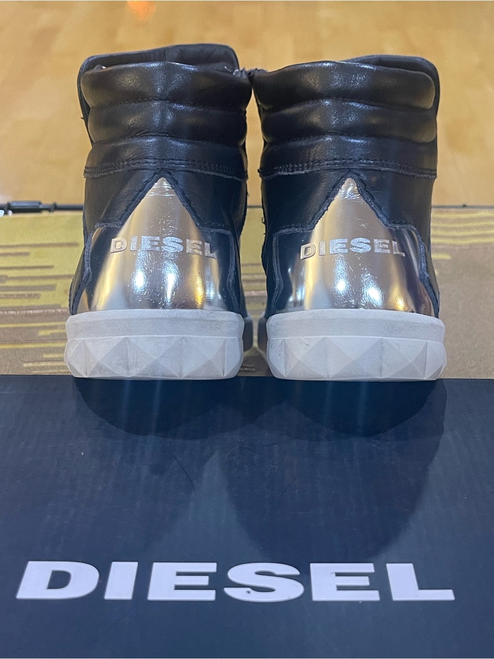 Diesel Black & Metallic Silver Hi Top Sneakers with Star Heel Accent